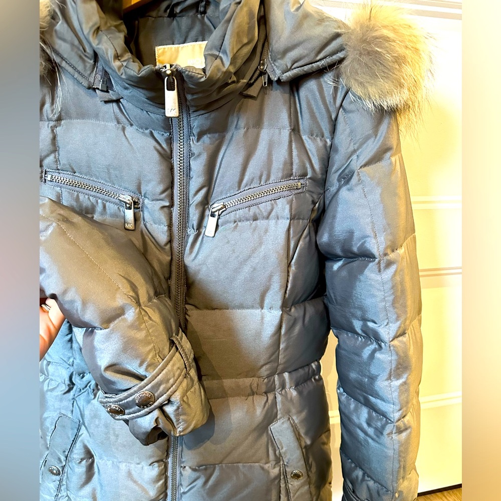 Michael Kors Down Filled Ski Jacket with Fox Fur Trim on Hood, Silver-Grey S